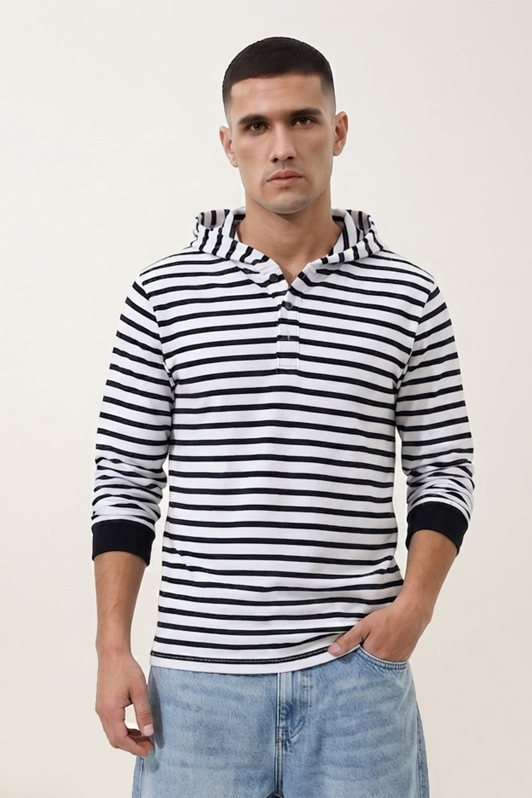 White Full Sleeve Cotton Hooded Neck T-Shirt