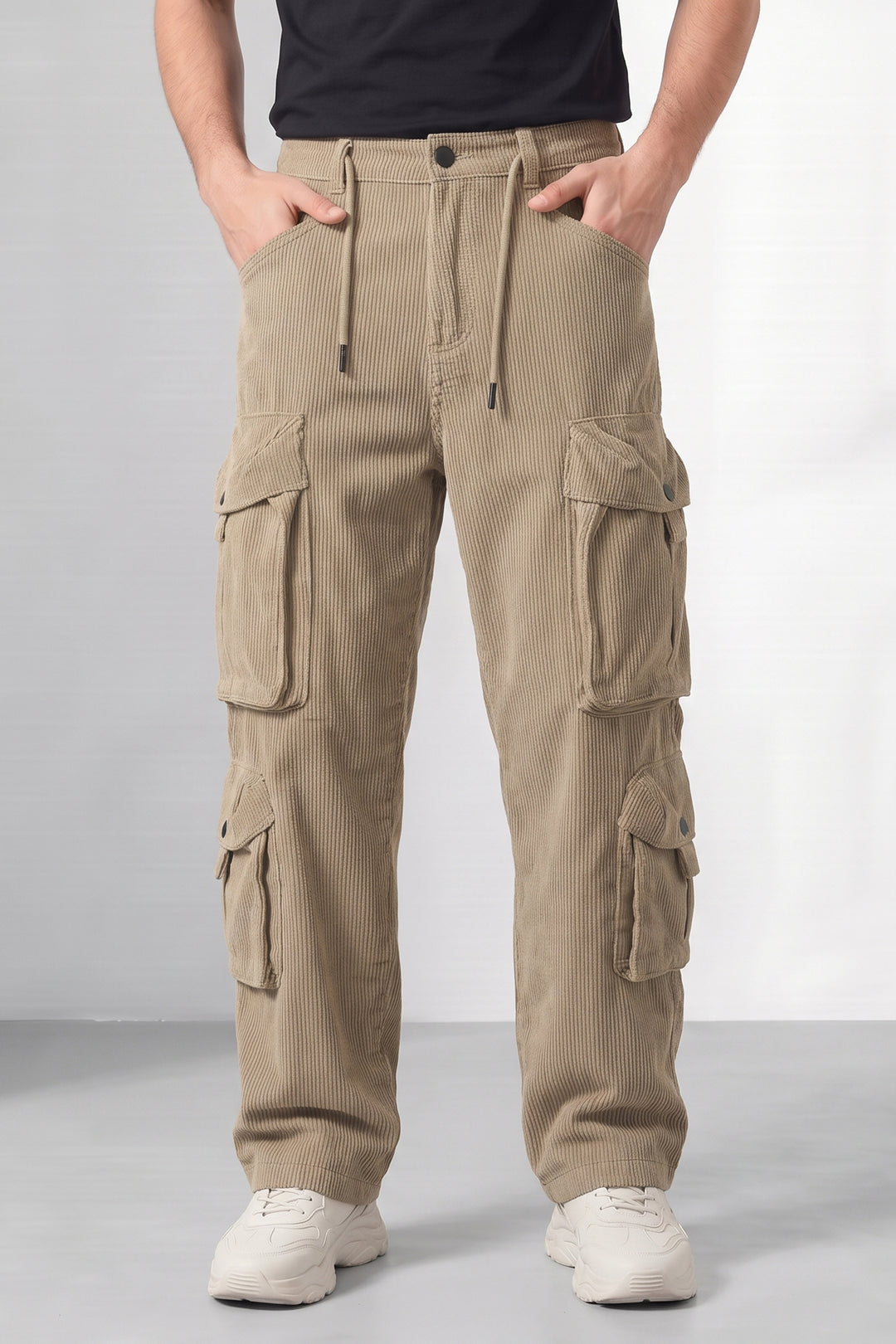 Beige Coudroy 8-Pocket Cargo Tactical Trousers