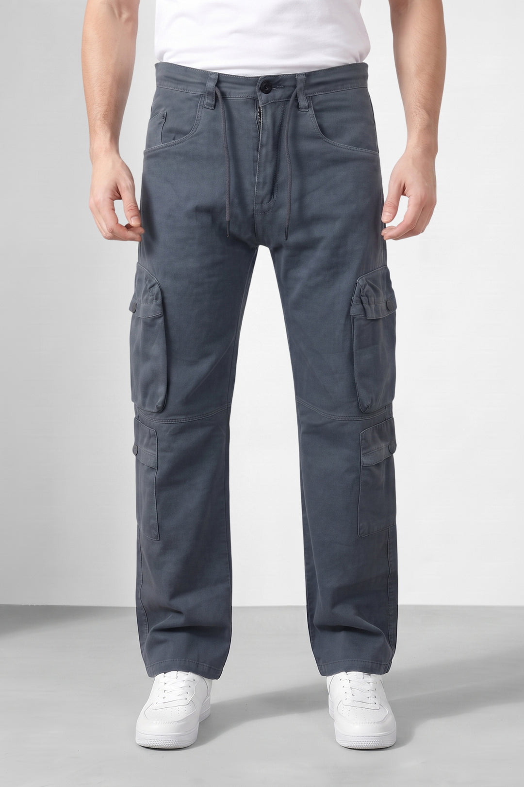 Grey Mens Solid 8-Pocket Cotton Cargo Pant