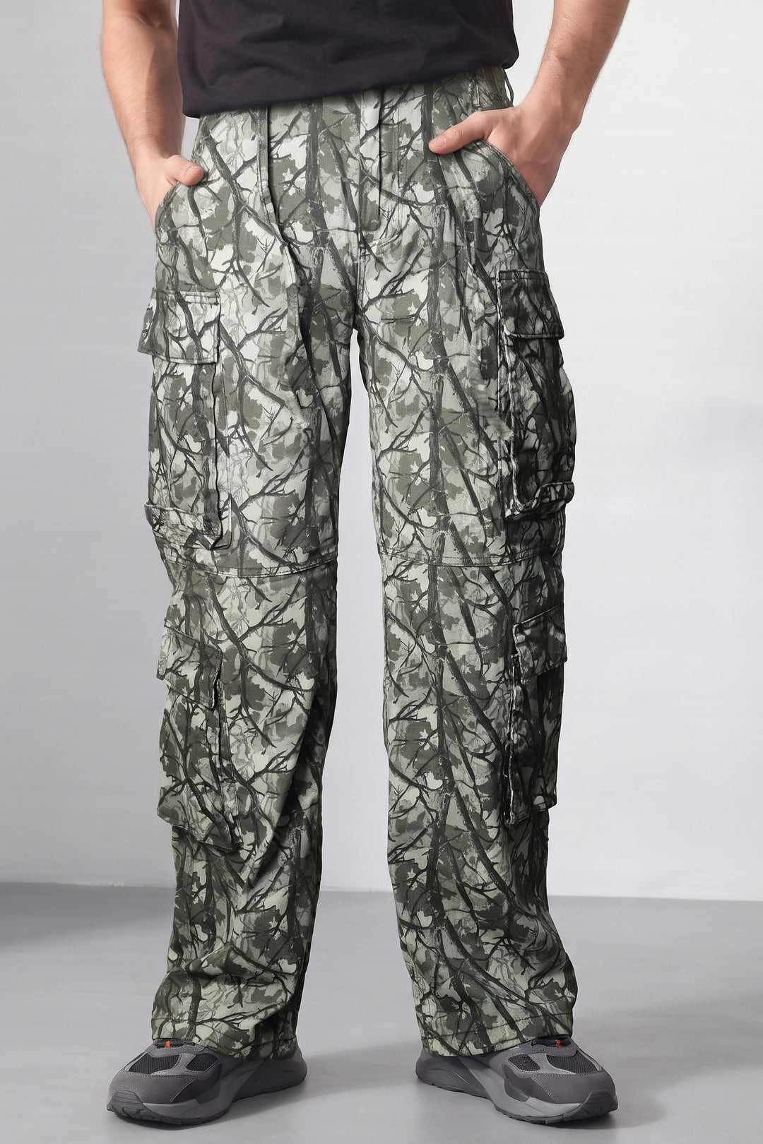 Grey Woodland Camouflage 8-Pocket Cargo Trousers