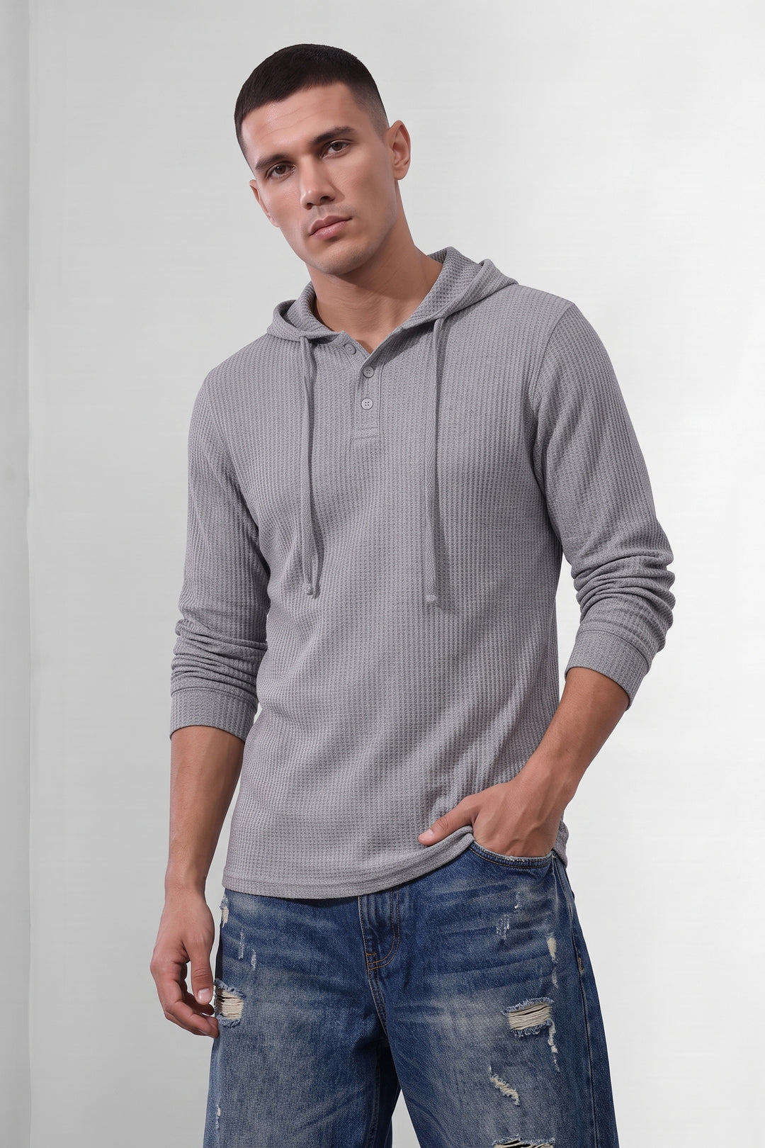 Grey Waffle Placket Hooded T-Shirt