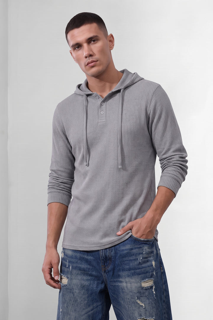 Grey Waffle Placket Hooded T-Shirt