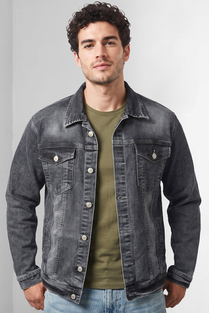 Dark Grey Classic Denim Trucker Jacket with Button Closure