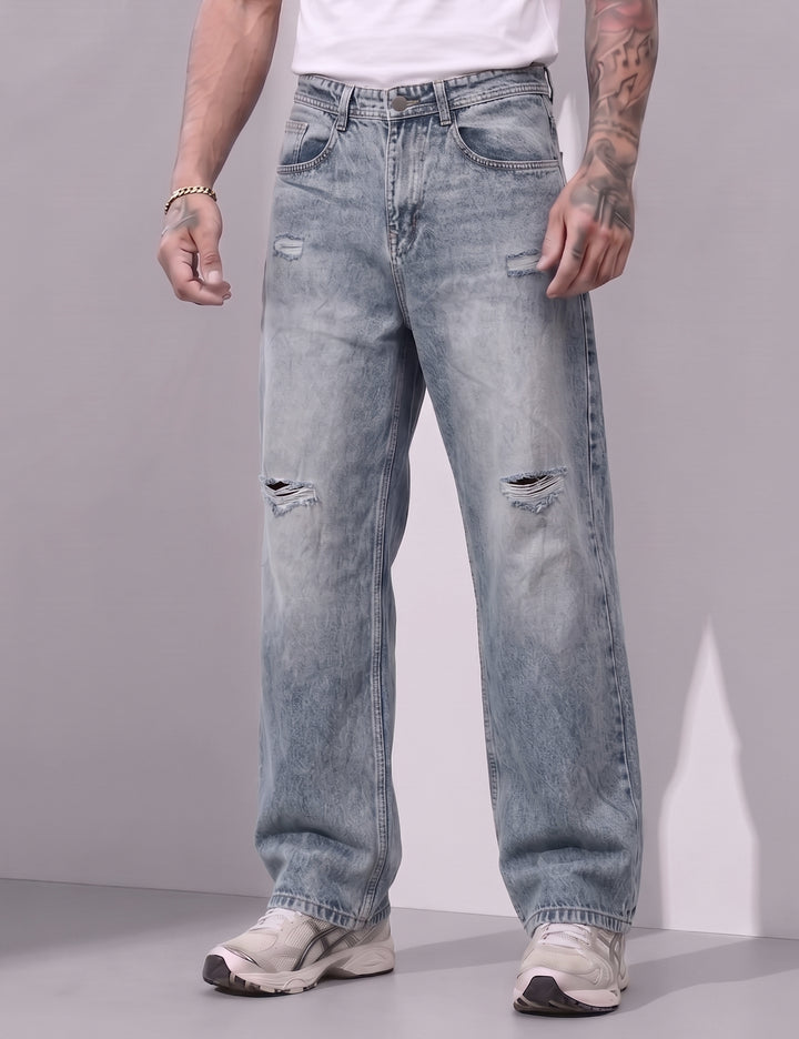Blue Men Button Closure Denim Cargo