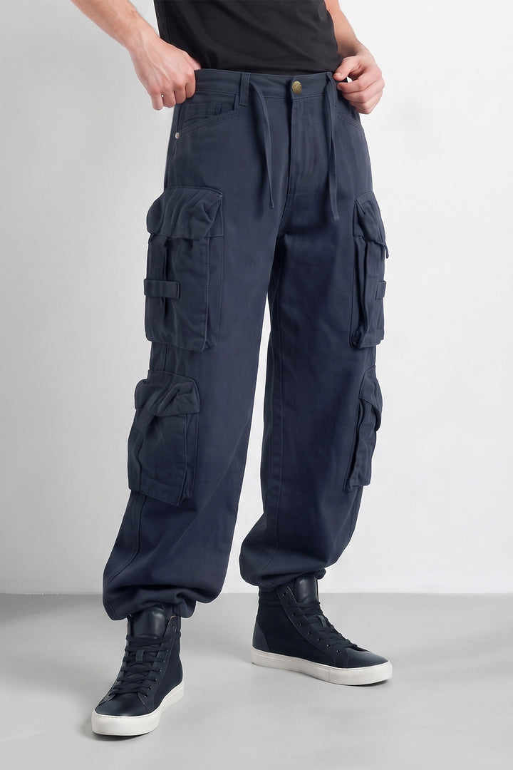 Black Mens Solid 8-Pocket Cotton Cargo Pant