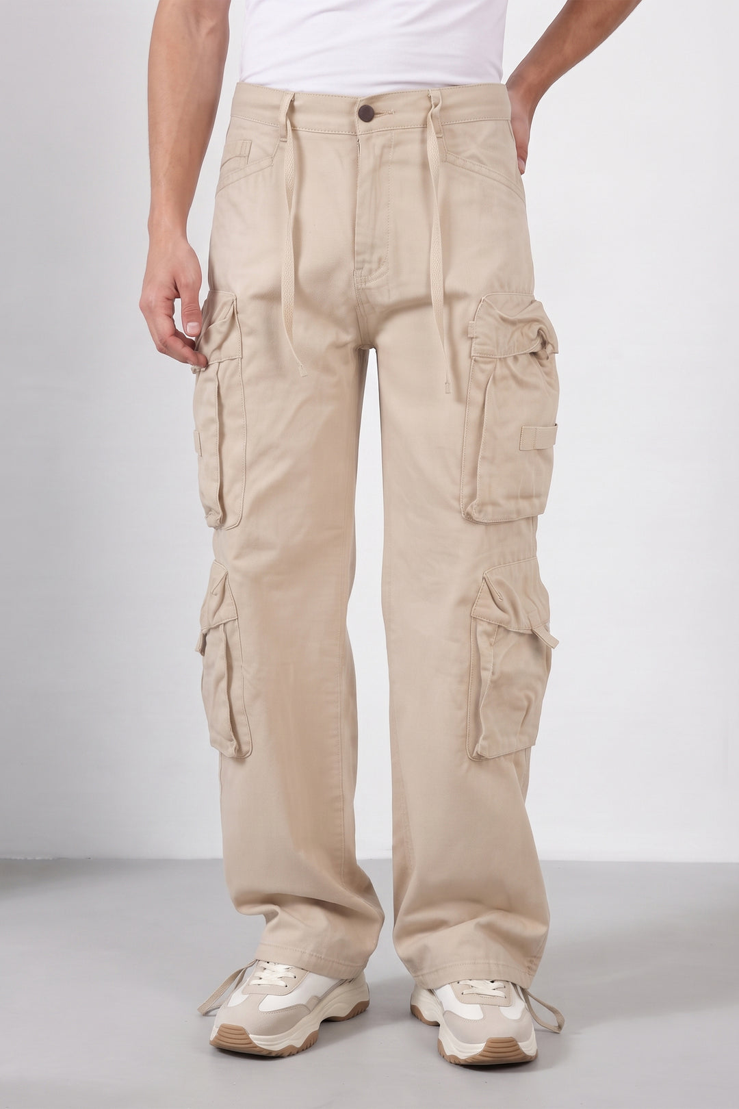 Cream Mens Solid 8-Pocket Cotton Cargo Pant