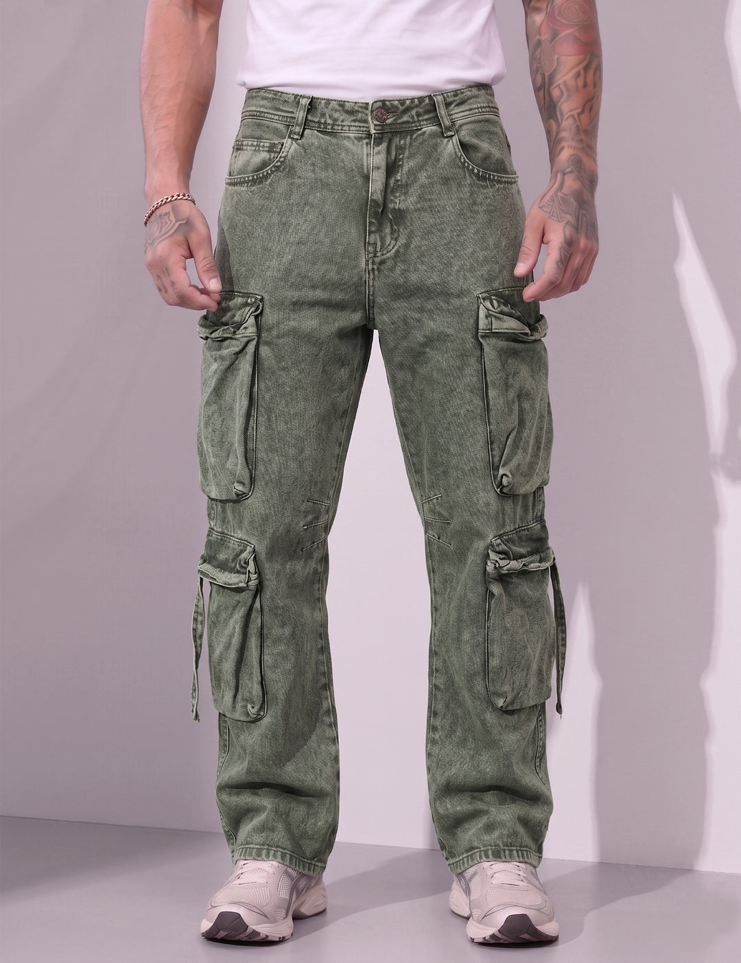 Green Men Button Closure Denim Cargo