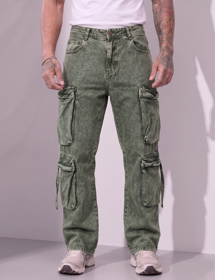 Green Men Button Closure Denim Cargo