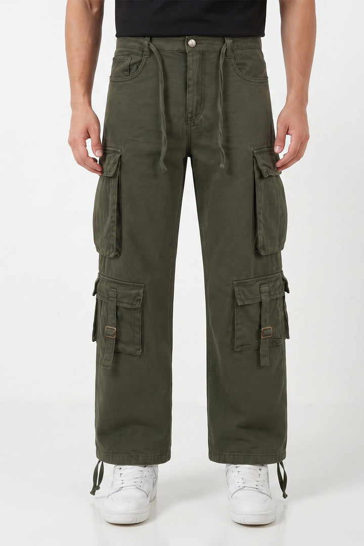 Gritstones Men's Green Utility 10 Pocket Cargo Pants
