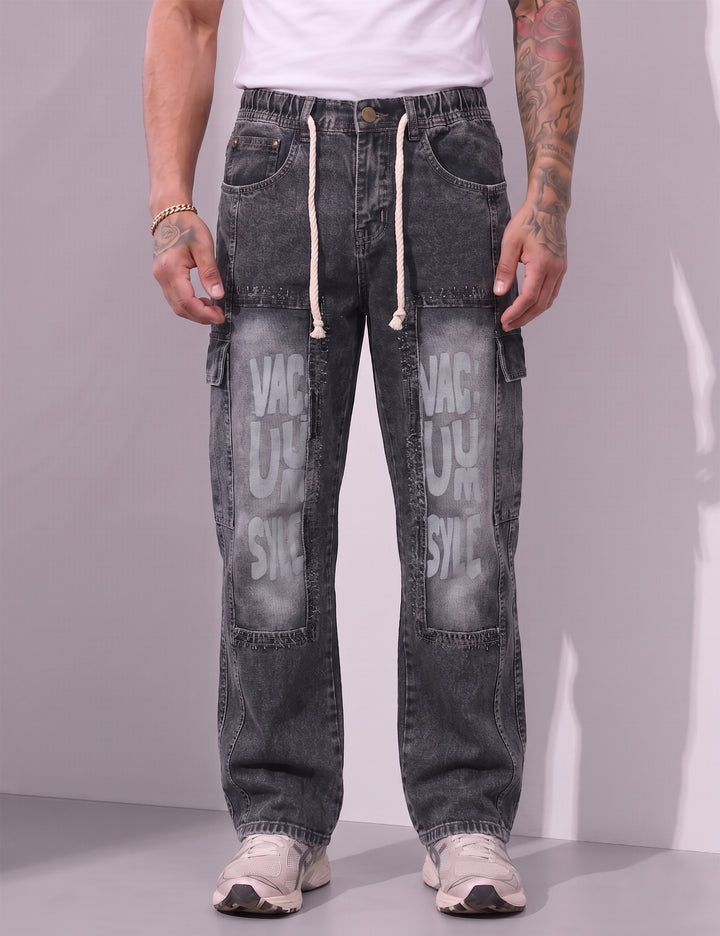 Dark Blue Men Elastic Typographic Cargo Pant