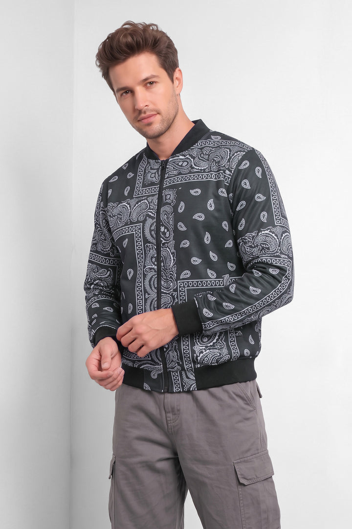 Black Digital Printed Regular Fit Bomber Jacket