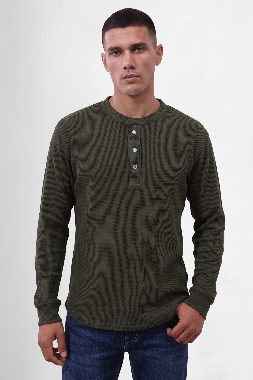Olive Men’s Waffle Knit Henley T-Shirt | Full Sleeve Textured Casual Top | Button Placket Regular Fit Shirt for Casual & Everyday Wear