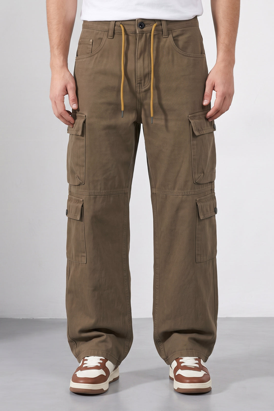 Brown Men 8 Multi Pocket Cotton Cargo Trousers