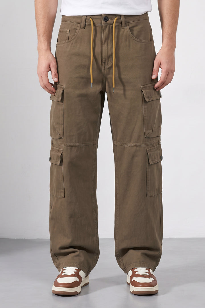 Brown Men 8 Multi Pocket Cotton Cargo Trousers