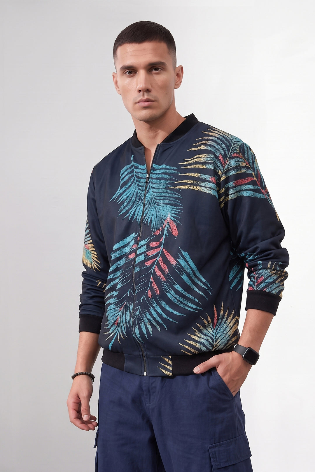 Black Leaf Digital Printed Bomber Jacket
