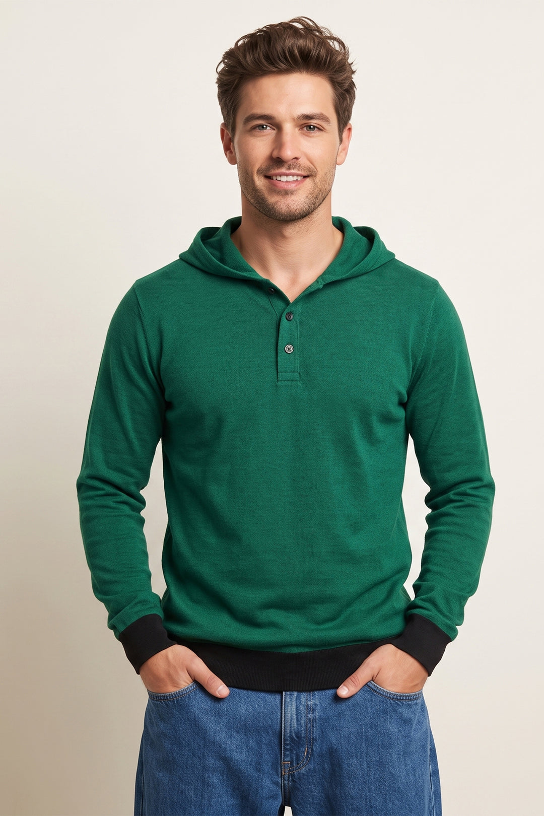 Green Full Sleeved Hooded Neck T-Shirt