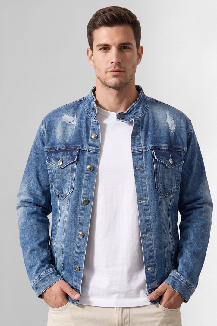 Blue Washed Denim Jacket with Stand Collar and Button Closure