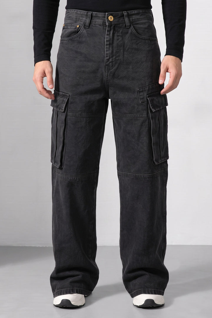 Black Baggy Denim Cargo with Multi-Pocket Utility Design