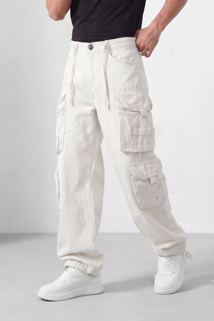 White Mens Solid 8-Pocket Cotton Cargo Pant