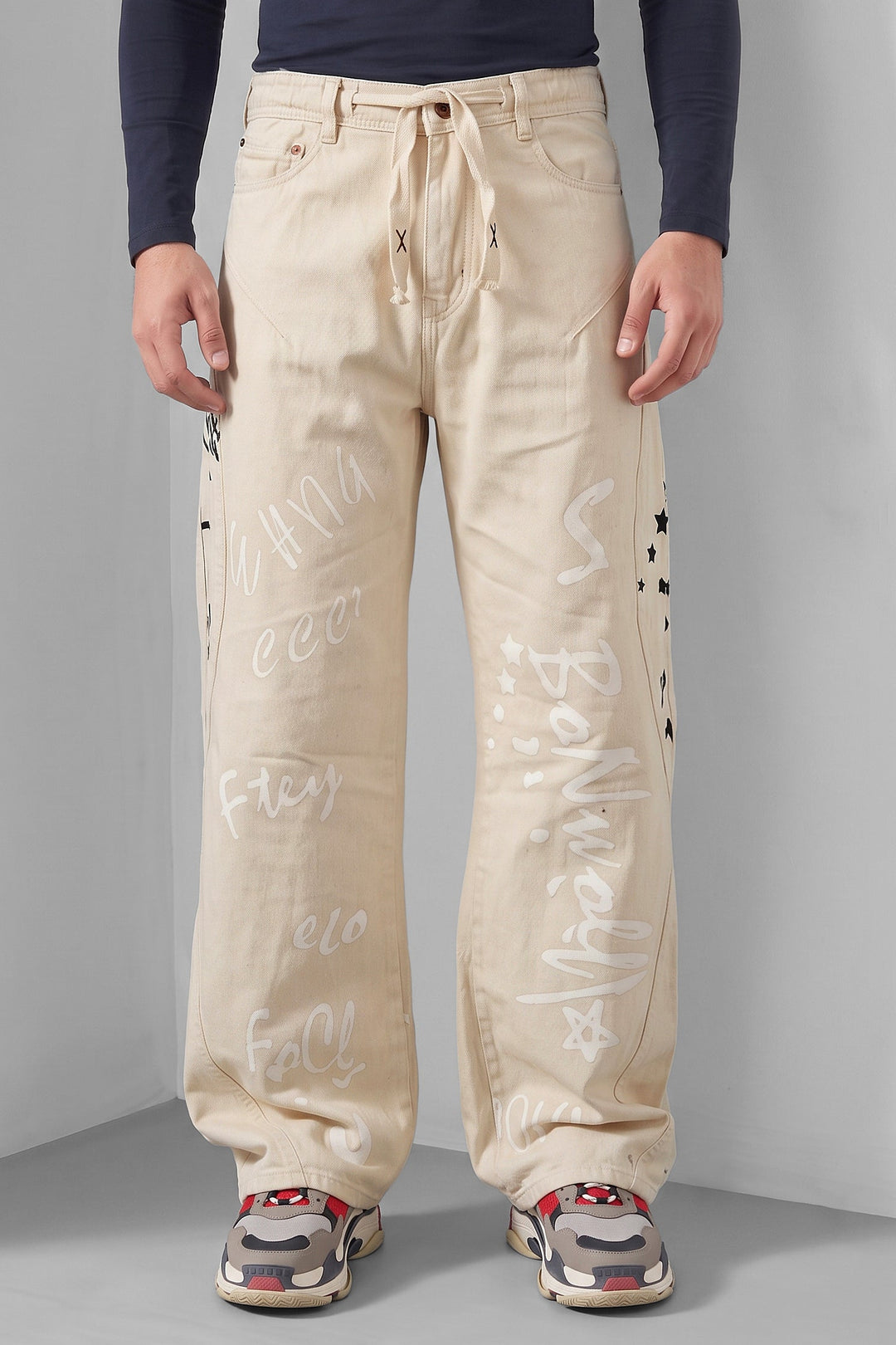 Cream Typographic Denim Jeans with Contrast Drawstring Detail