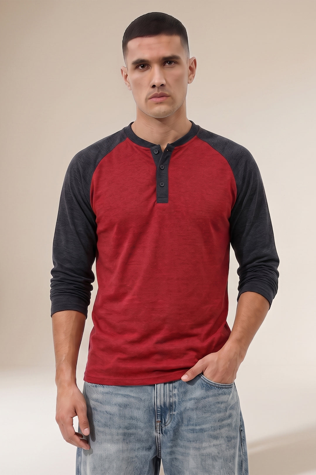 Maroon Full Sleeve Color Blocked Henley T-Shirt