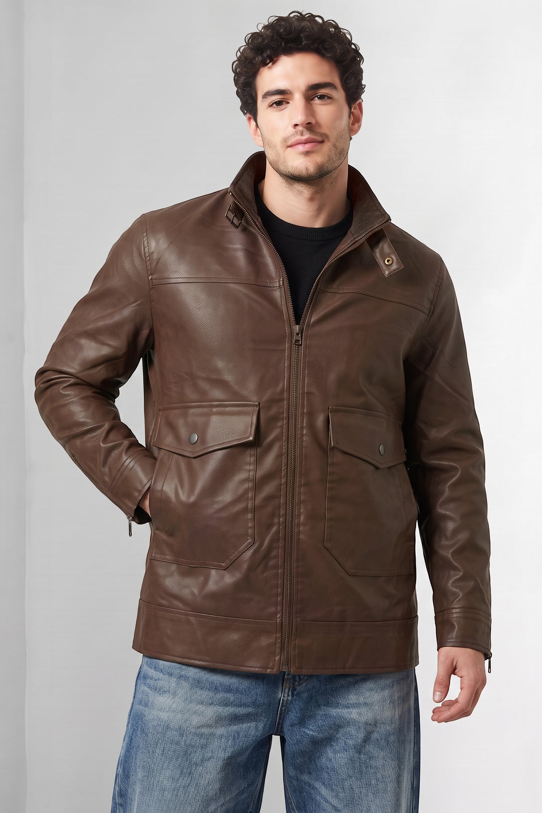 Dark Brown Textured Faux Leather Winter Jacket
