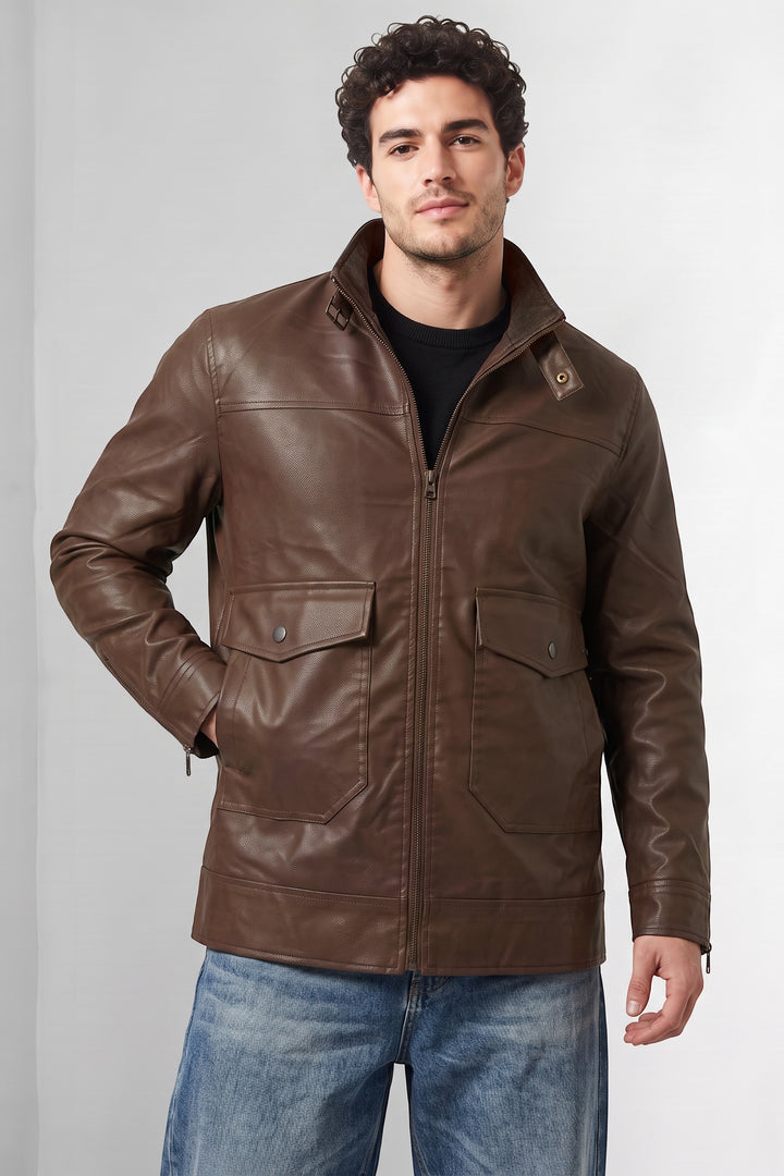 Dark Brown Textured Faux Leather Winter Jacket