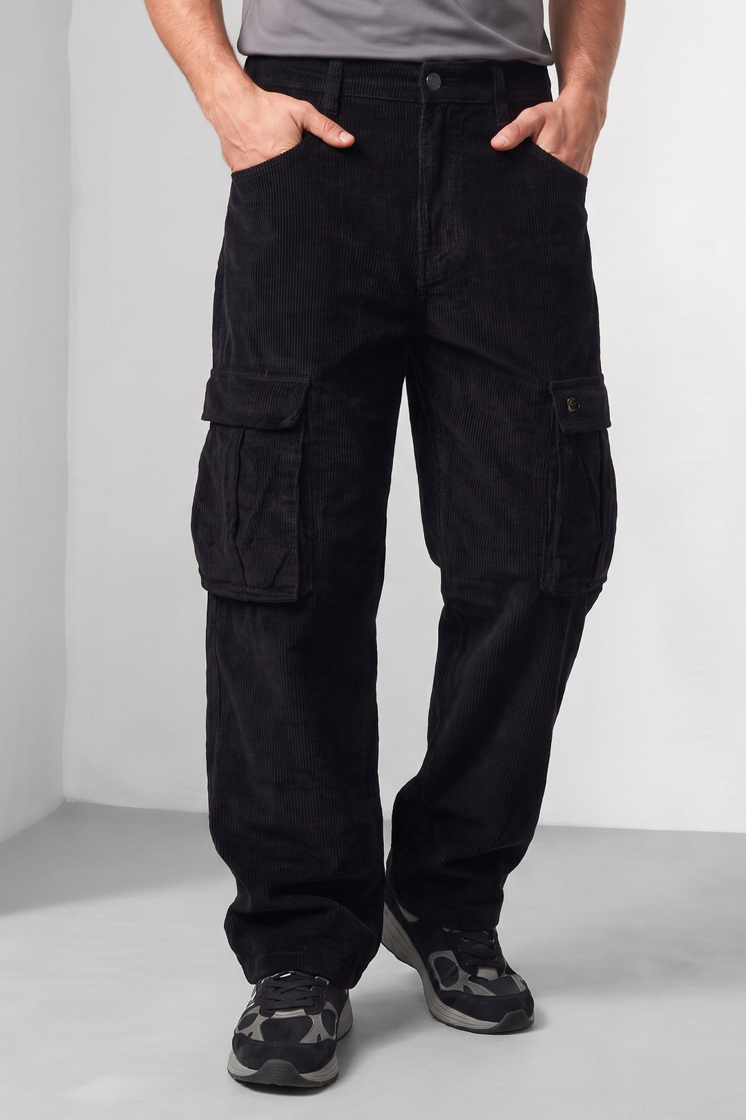 Black Premium Corduroy 6-Pocket Cargo Trousers