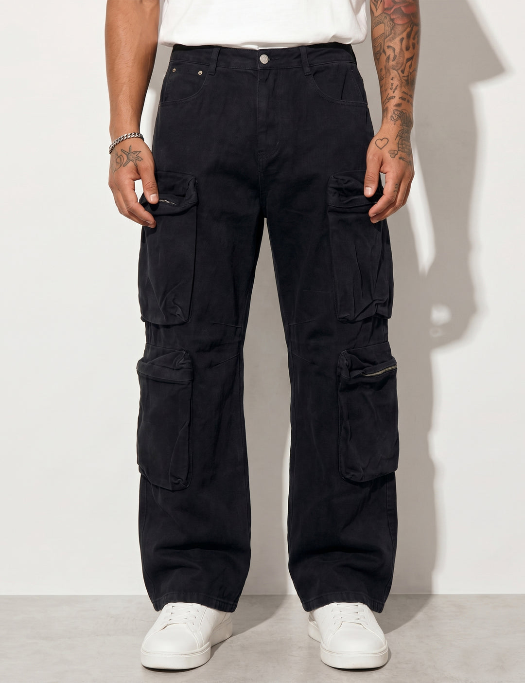 Black Men Button Closure Denim Cargo