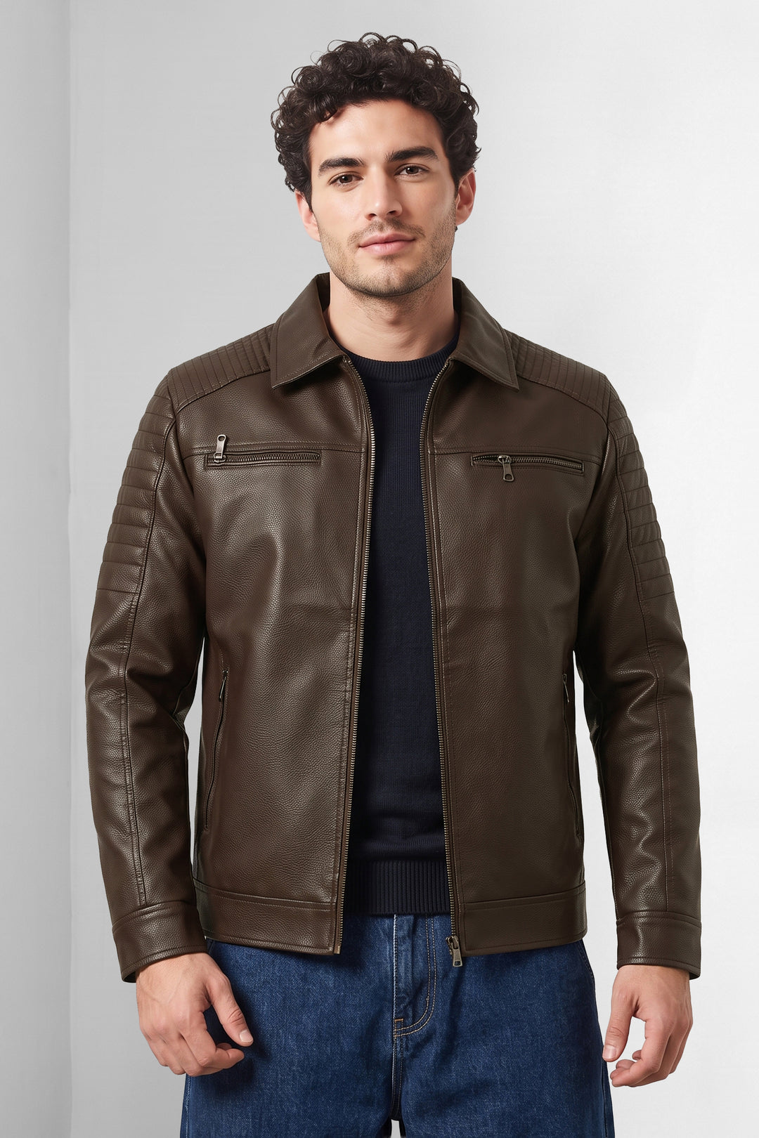 Brown Structured Textured Leather-Style Jacket