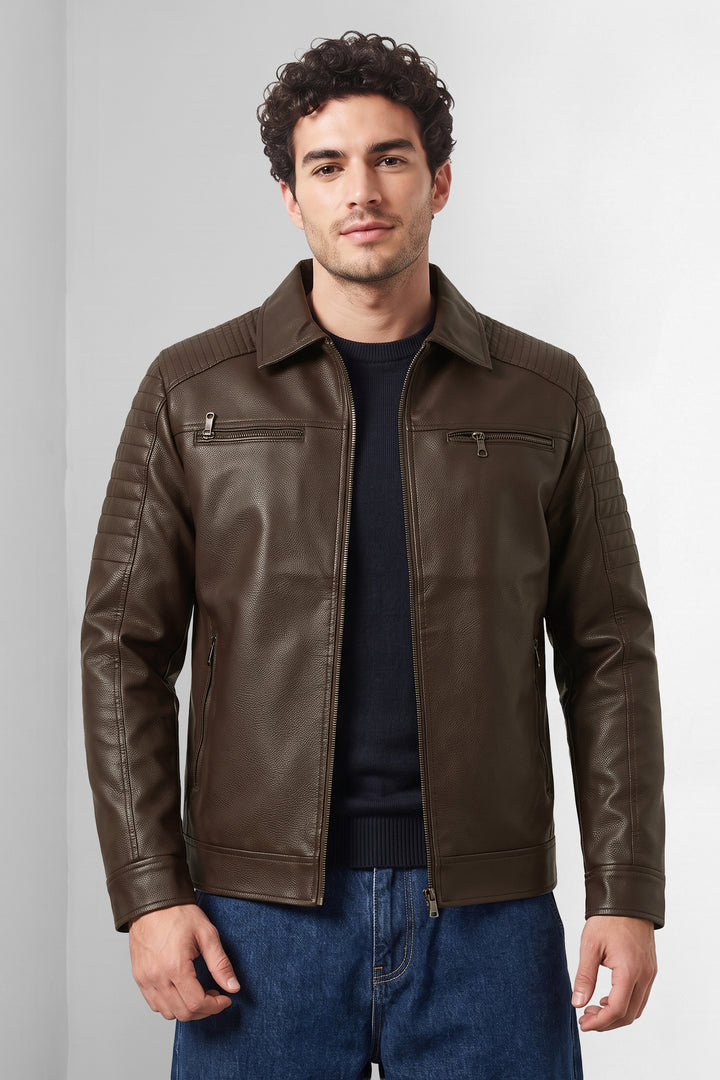 Brown Structured Textured Leather-Style Jacket