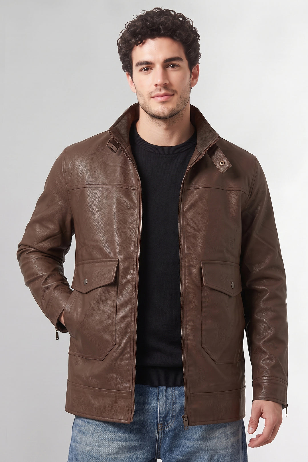 Dark Brown Textured Faux Leather Winter Jacket