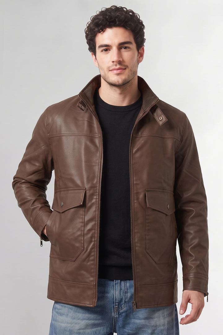 Dark Brown Textured Faux Leather Winter Jacket