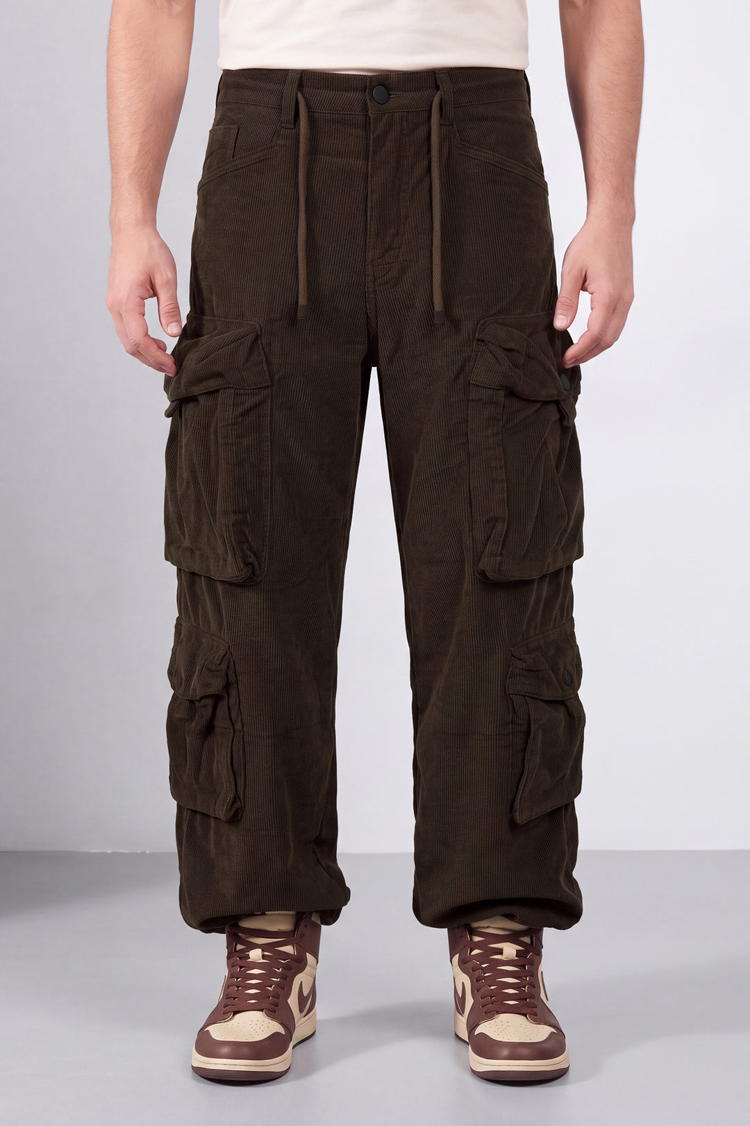 Coffee Brown Men 8 Multi Pocket Coudroy Cargos