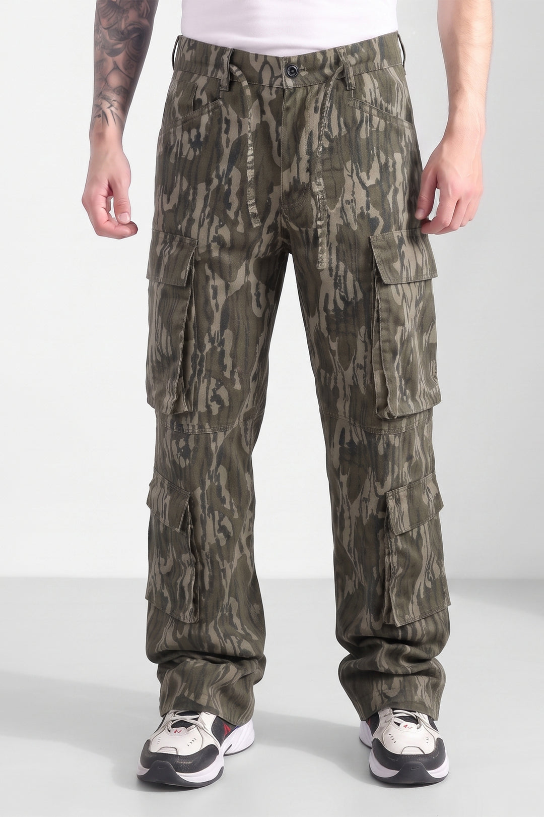 Olive Mens Printed 8-Pocket Cotton Cargo Pant