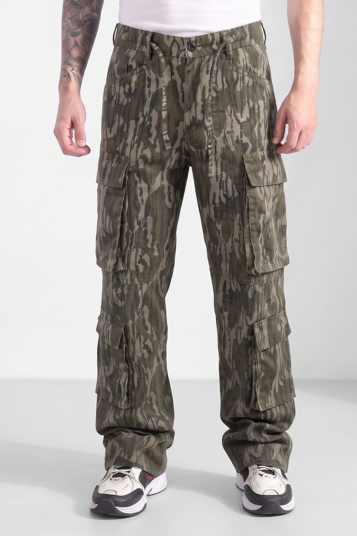 Olive Mens Printed 8-Pocket Cotton Cargo Pant