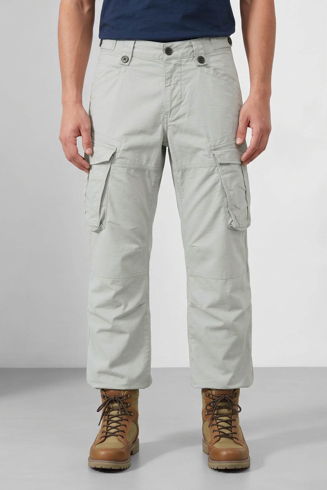 Grey Black Men 8 Multi Pocket Cotton Cargo Trousers