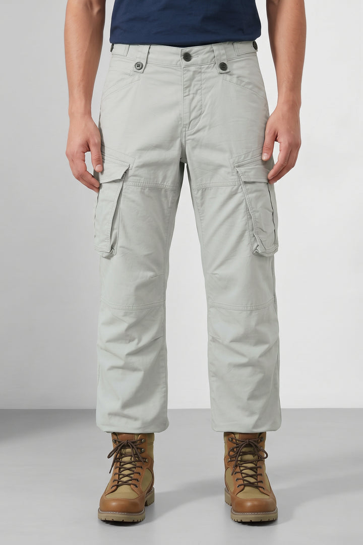 Grey Black Men 8 Multi Pocket Cotton Cargo Trousers