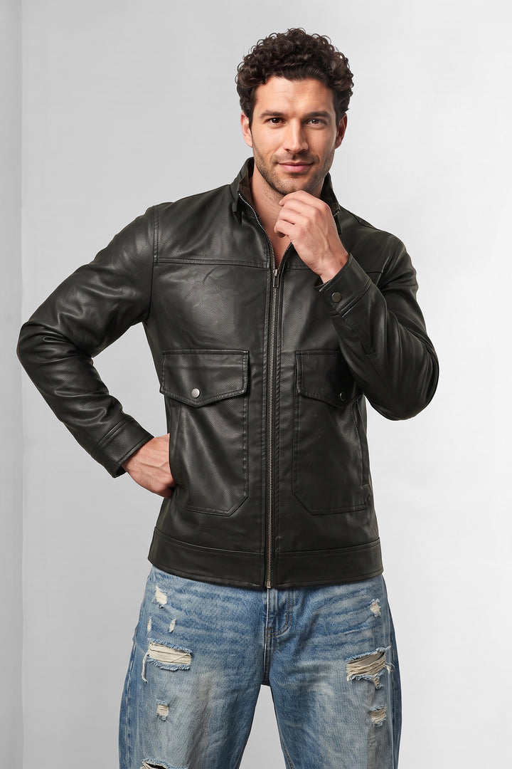 Black Faux Leather Utility Jacket Full-Zip Winter Jacket