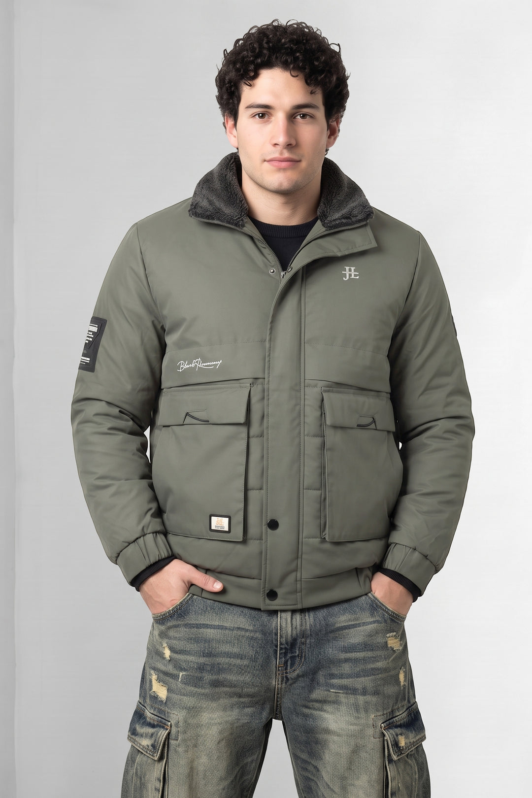 Green Quilted Puffer Jacket with Fur Collar