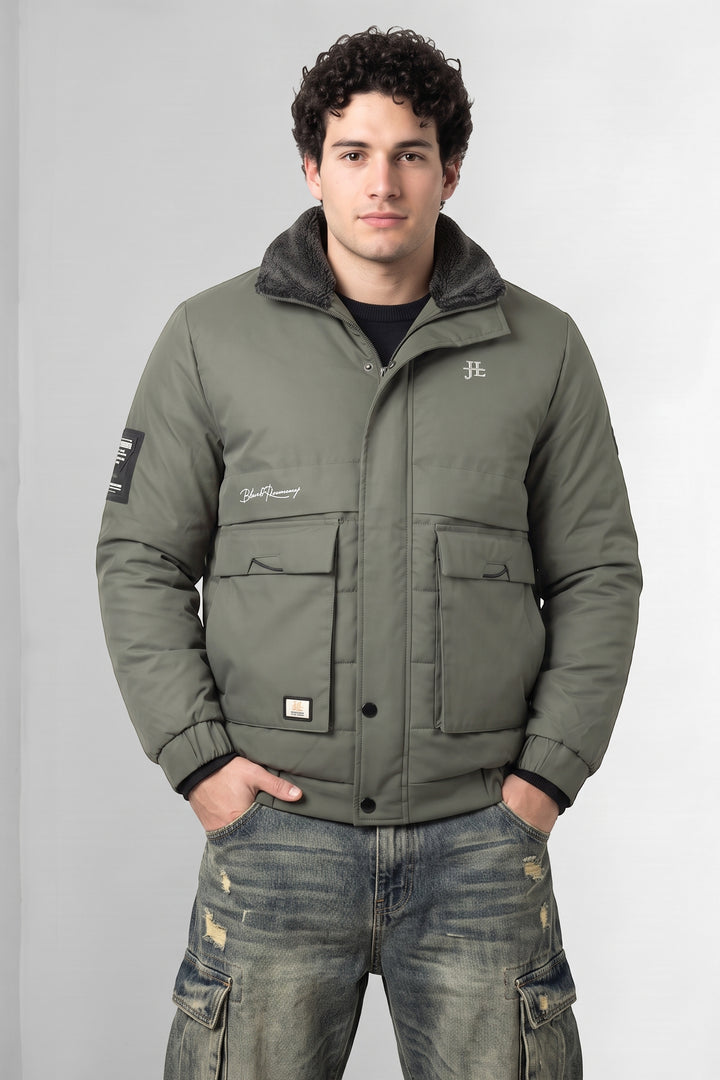 Green Quilted Puffer Jacket with Fur Collar