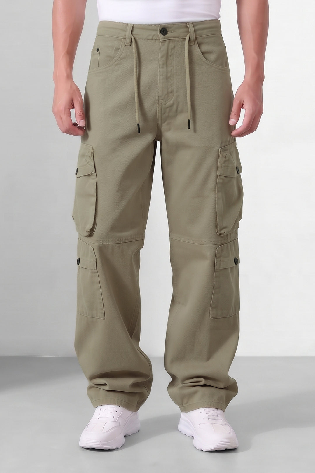 Beige Mens 8 Multi-Pocket Cargo Trousers