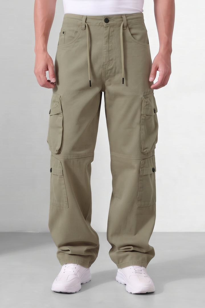 Beige Mens 8 Multi-Pocket Cargo Trousers