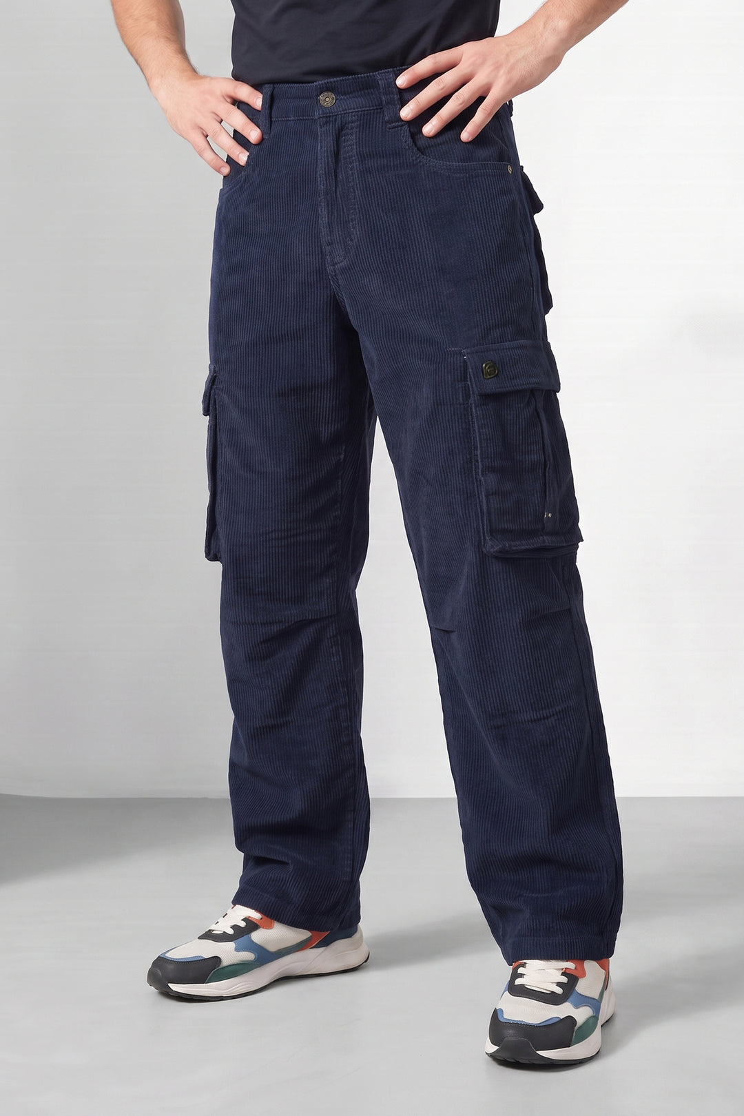 Navy Blue Premium Corduroy 6-Pocket Cargo Trousers