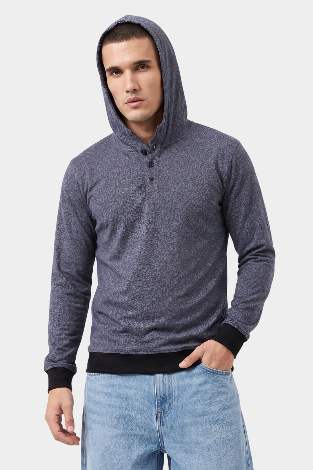 Grey Hooded Full Sleeve Cotton T-Shirt