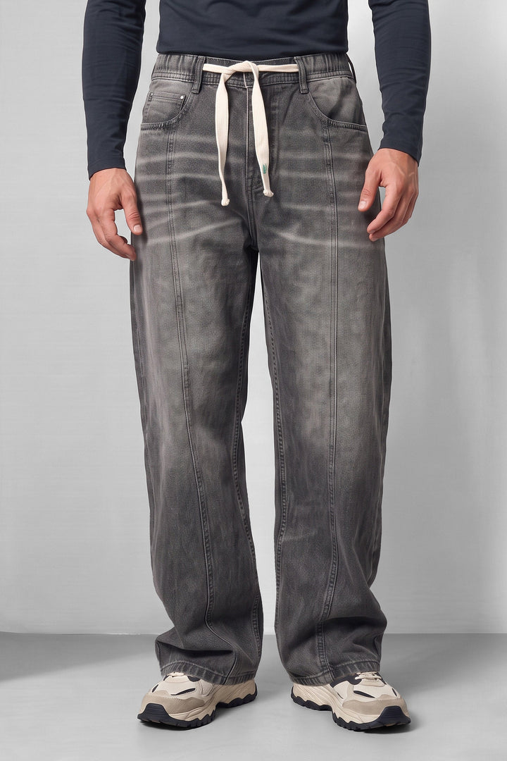 Dark Grey Barrel Denim Jeans with Contrast Drawstring Detail