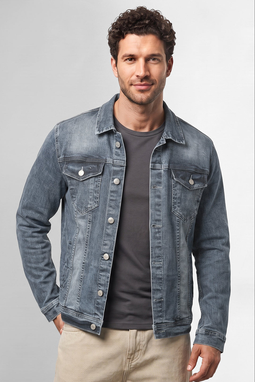 Dark Blue Classic Denim Trucker Jacket with Button Closure