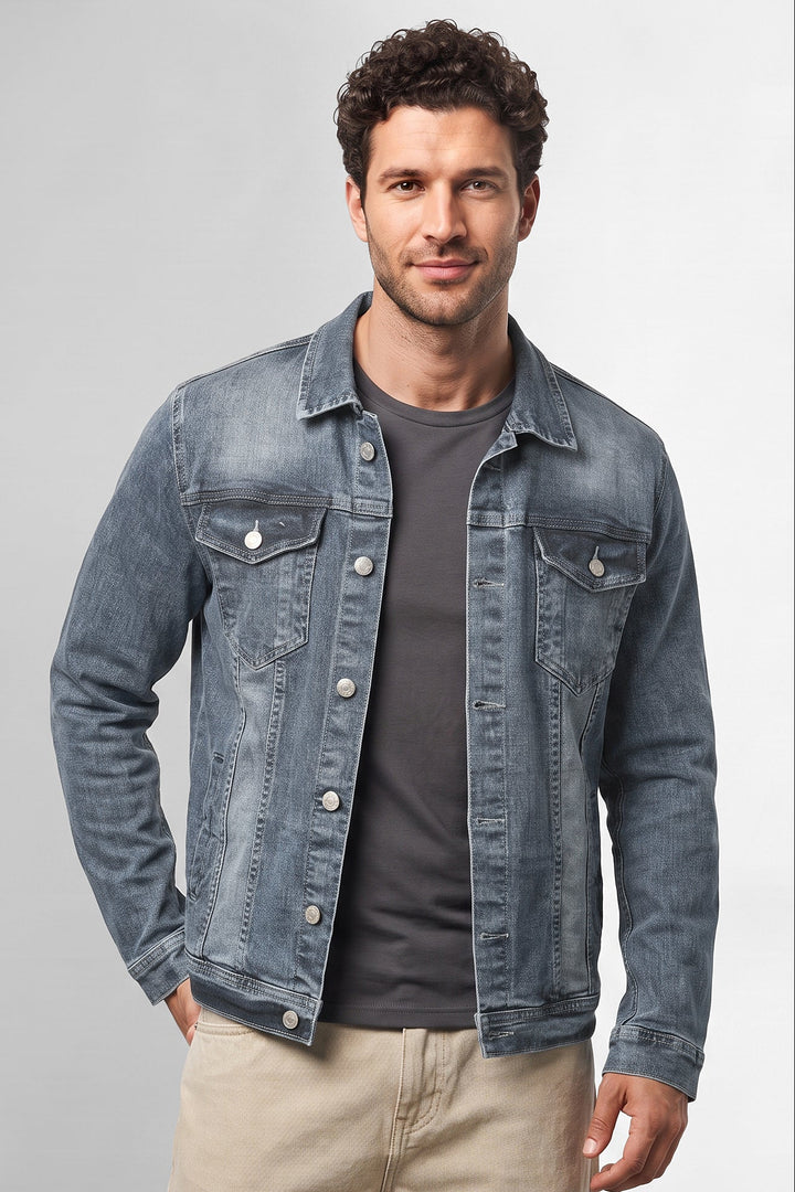 Dark Blue Classic Denim Trucker Jacket with Button Closure