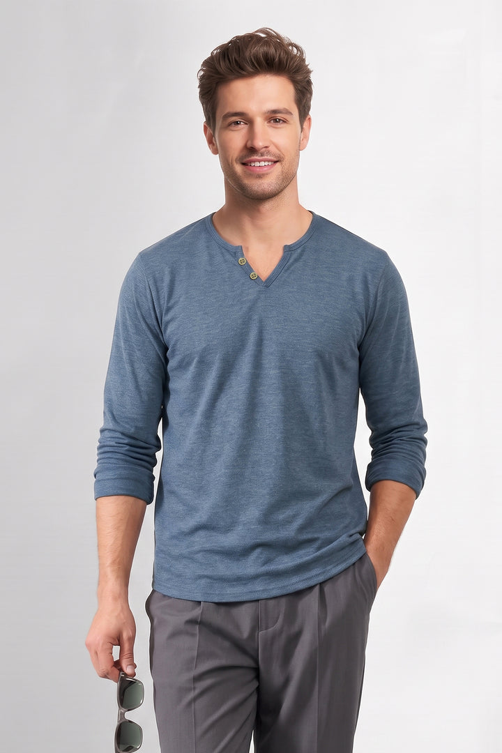 Blue Cotton Knit Full Sleeve Henley T-Shirt