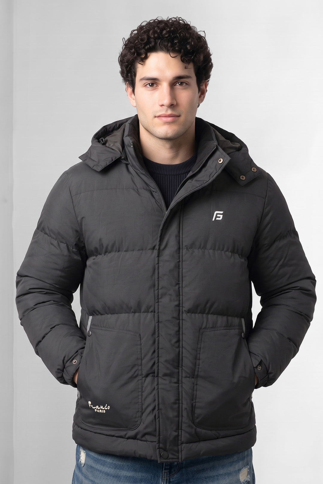 Grey Hooded Padded Winter Jacket with Detachable Hood